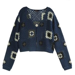 FRYE Crochet Blue and Off White Squares Pattern Cropped Cardigan Size L